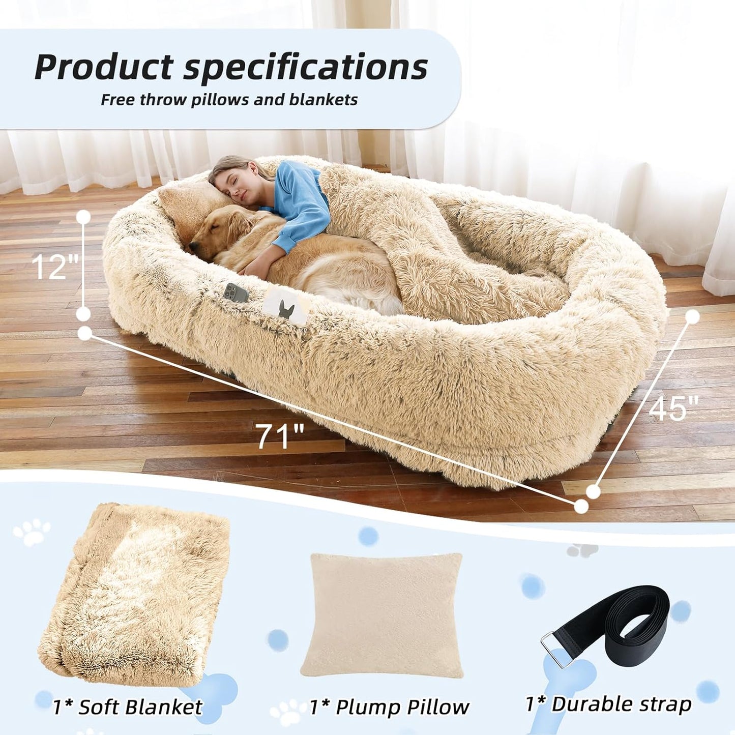 Human Dog Bed, 71''x45''x12'' Size Fits You and Pets, Washable Faux Fur Pet Bed for People Doze Off, Napping Orthopedic Dog Bed, Present Plump Pillow, Blanket, Strap - Beige