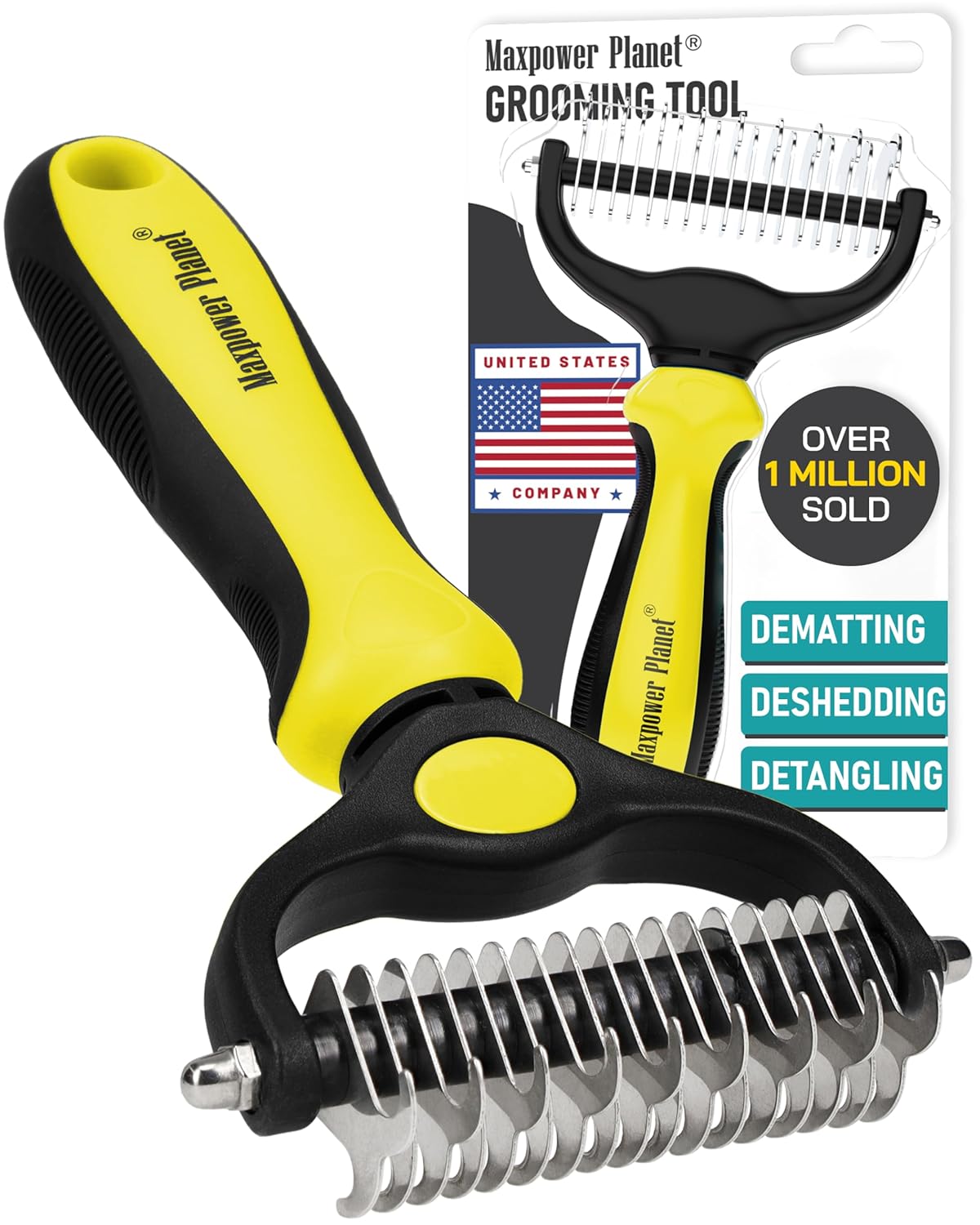 Maxpower Planet Pet Grooming Brush - Double Sided Shedding, Dematting Undercoat Rake for Dogs and Cats - Extra Wide Dog Grooming Brush - Yellow