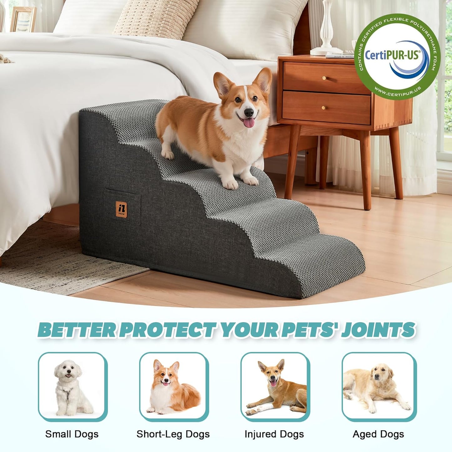 IFNOW Dog Stairs for Small Medium Dogs and Cats 19.7" H, 5-Step Studry Dog Steps for Bed, Couch, High Density Foam Pet Stairs for Dogs to Get on Bed, Non-Slip Balanced Curved Indoor Pet Ramp, Grey