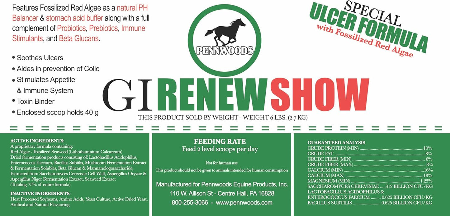GI Renew Show, Probiotics for Equine, Immune and Appetite Stimulation, Prebiotics, Digestive Enzymes | Horse Supplement Providing Ulcer Relief and Treatment, Organic Toxin Binder, 6 LB Bag