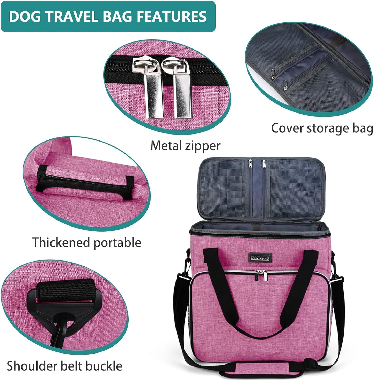 BAGLHER Dog Travel Bag, Pet Travel Bag (ALL Pet Travel Supplies), With 2 Pet Food Containers and 2 Collapsible Silicone Bowls; Essential Kits for Pet Travel Pink