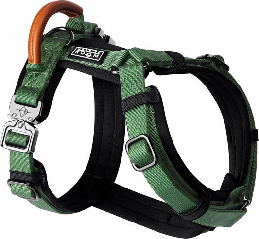 MADE TO ROAM Premium Explorer Harness - Y-Shaped Dog Harness with Adjustable Durable Nylon, Soft Padding, Metal Buckles and Leather Handle for Small, Medium, Large Dogs (Oregon Haze, Size 4)
