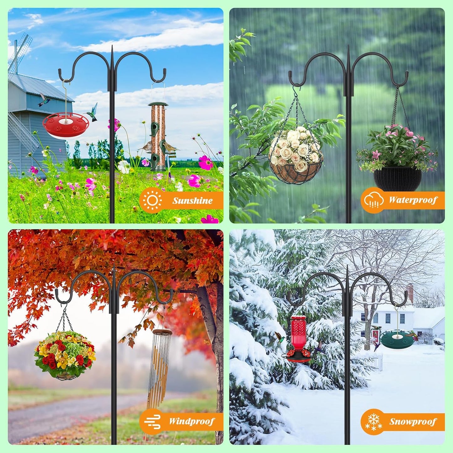 FEED GARDEN Adjustable Double Shepherds Hook for Outdoor with 5 Prong Base 108 Inch Heavy Duty Two Sided Bird Feeder Pole for Hanging Plant Baskets, Solar Light Lanterns, Wind Chimes