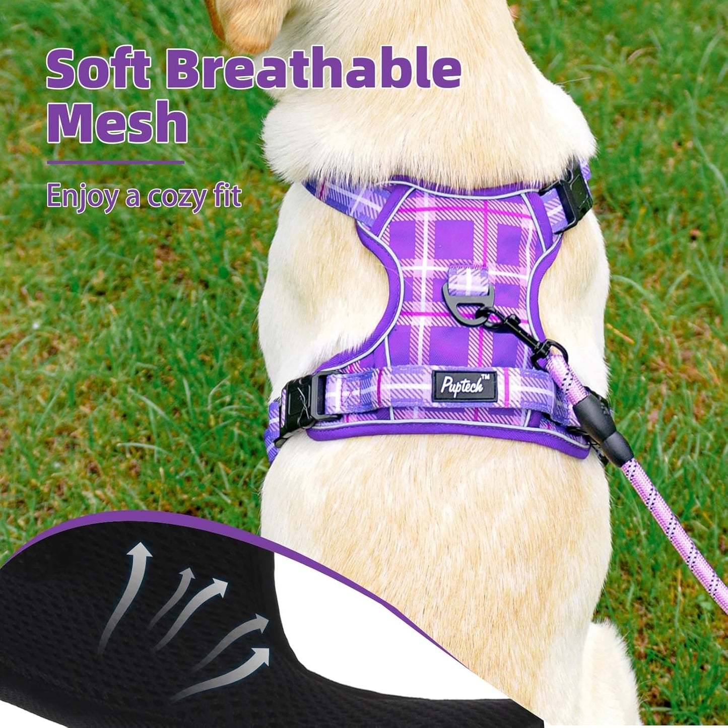 PUPTECK No Pull Dog Harness for Large, Adjustable Reflective Dog Harness with Handle Easy Control, Comfortable Soft Padded Pet Vest Harness for Large Dogs, Plaid Purple XL
