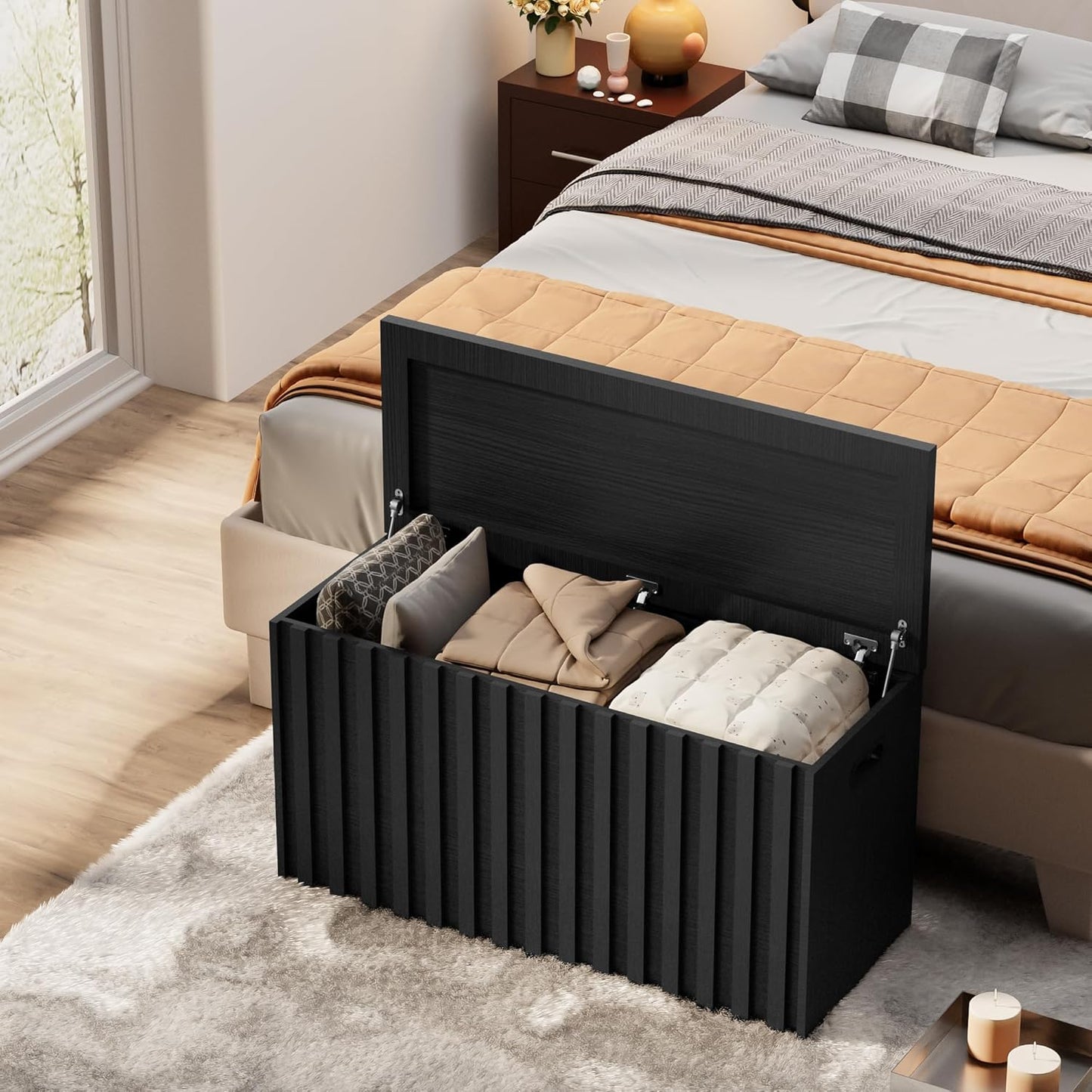 UEV Storage Bench,39.4" Wood Box, Storage Trunk with 2 Safety Hinges, Ottoman Storage Chest, Fluted Storage Bench for Bedroom, Entryway, Living Room(Black)