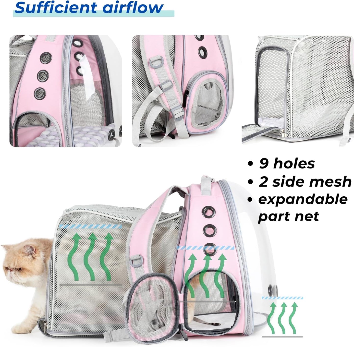 Lollimeow Cat Carrier Backpack, Bubble Expandable Backpack Carrier, Pets and Small Dogs,Airline-Approved, Designed for Travel, Hiking, Walking & Outdoor Use (Square Back Expandable-Pink)