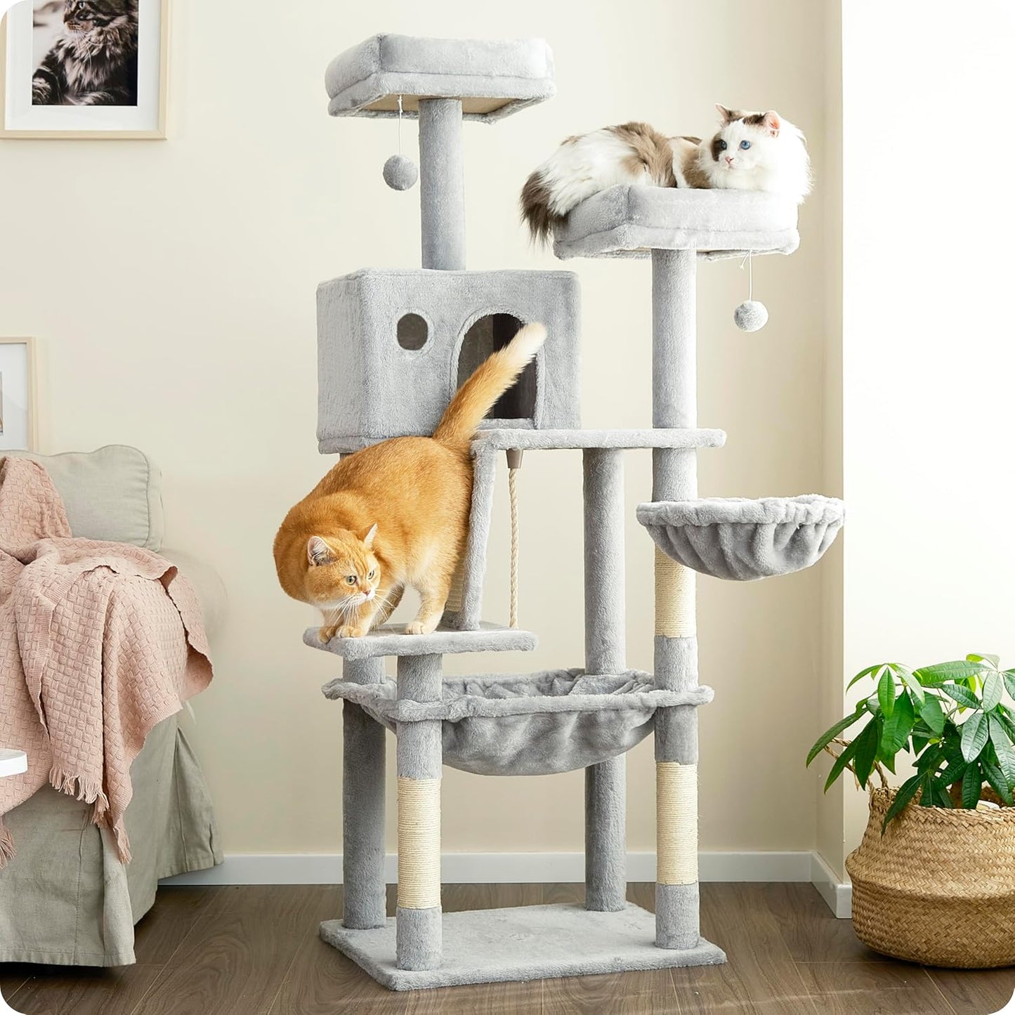 Ouritsu Cat Tree, 56 inch Tall Cat Tower for Large Cat Indoor, Large Condo, 2 Padded Perches, Steel-Framed Hammock, Scratching Post and ramp, Fluffy Basket, Light Gray, LF001GA