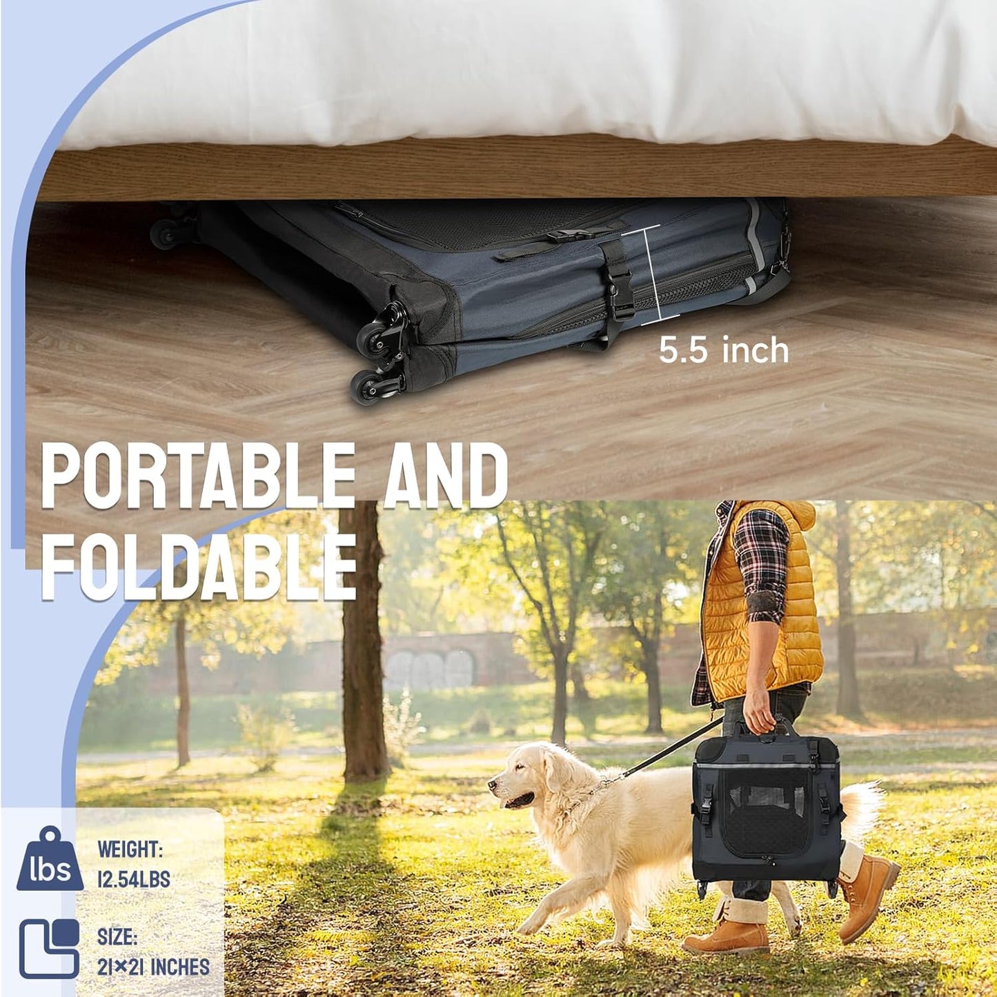 30IN Soft Collapsible Dog Crate w Detachable Wheels, Rolling Travel Dog Crate for Medium Breed Dogs, Portable Dog Kennel with Mesh Windows, Indoor & Outdoor Uses