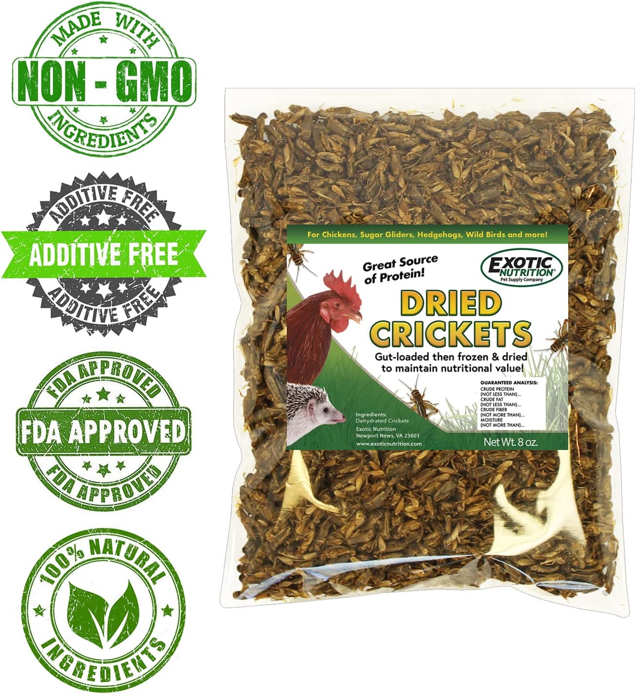 1/2 Pound Dried Crickets - High Protein Insect Treat - Chickens, Wild Birds, Hedgehogs, Bluebirds, Reptiles, Sugar Gliders, Opossums, Skunks, Lizards, Bearded Dragons, Fish, Turtles 8 oz. (1 Pack)