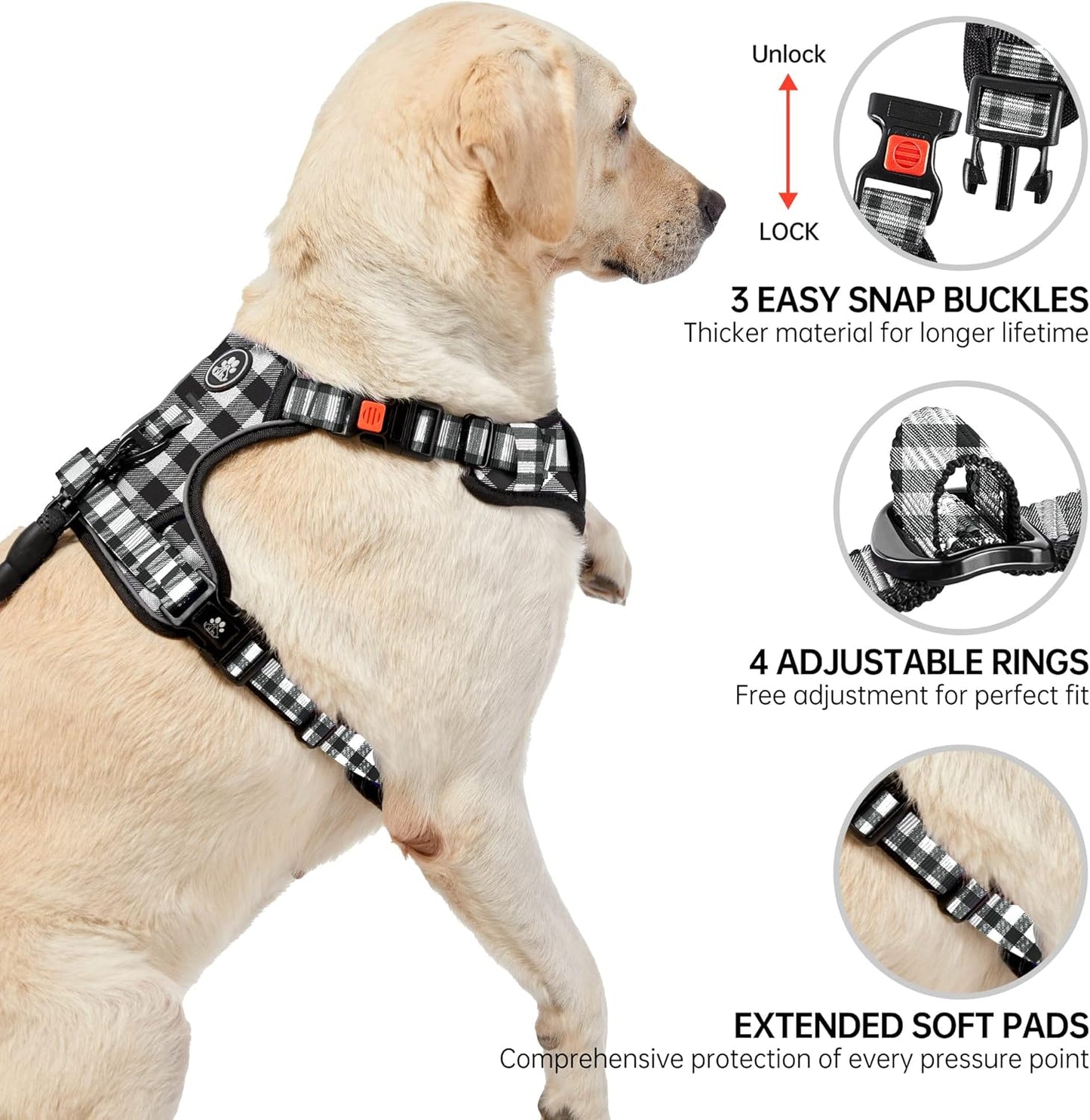 NESTROAD No Pull Dog Harness with Leash, Reflective No Choke Pet Vest Harness,Adjustable Soft Padded Dog Harness with Easy Control Handle for Medium Dogs(Checkered Black,Medium)