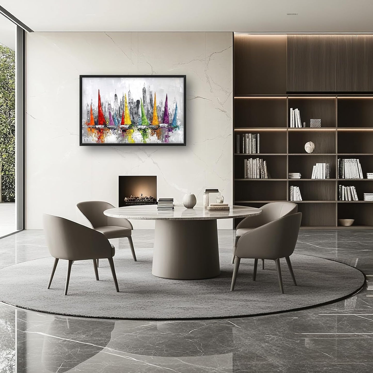 Framed Large Sailboat Wall Art for Living Room, Oversized Abstract City Wall Decor Colorful Sailboat Canvas Painting Pictures Modern Artwork for Living Room Bedroom Office Dinging Room 36"x24"