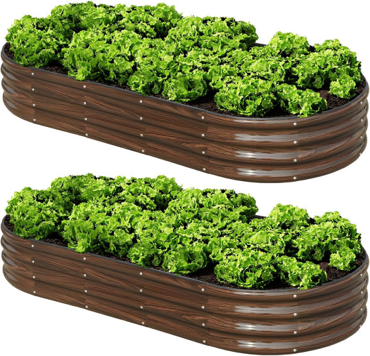 SnugNiture 2 Pcs 6x3x1ft Raised Garden Bed Kit, Outdoor Oval Metal Garden Planter, Ground Planter Box for Gardening Vegetables Flowers, Brown