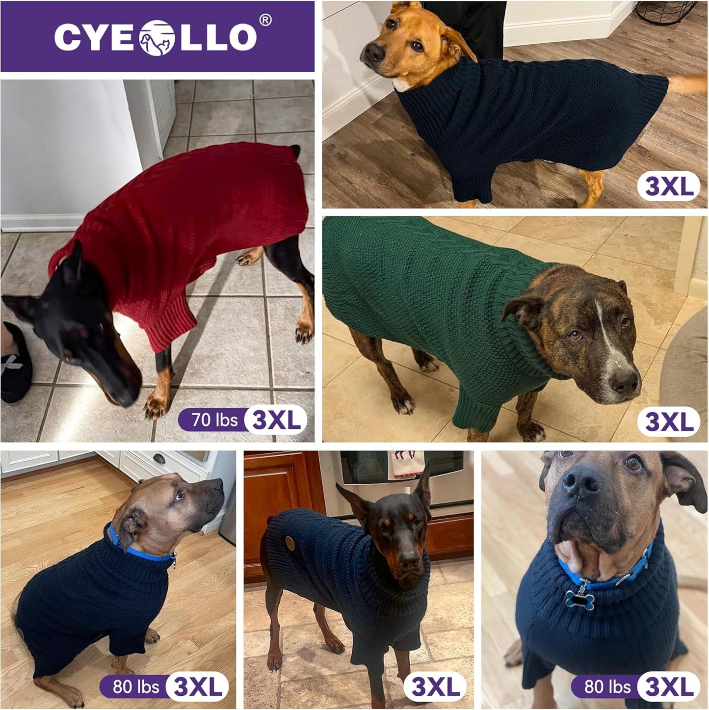 cyeollo 4XL Dog Sweater,Pullover Turtleneck for Large Dogs Classic Knitwear Fall Winter Cold Weather Dog Clothes Warm Pet Apparel Large Big Dogs Sweaters Male, Purple XXXXL