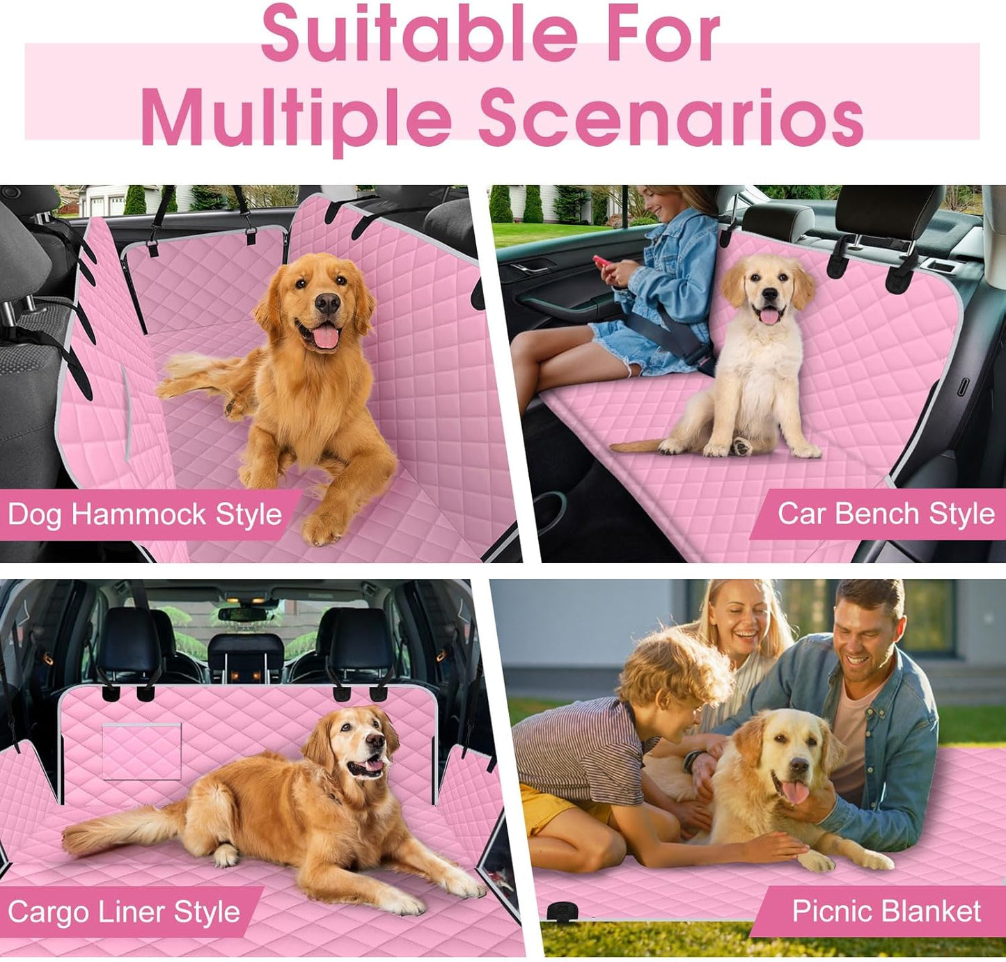 Waterproof Dog Car Seat Cover for Back Seat - Durable, Scratch Proof Pet Hammock with Nonslip Design & Storage Pockets, Fits Cars, SUVs, Trucks - L, Pink/Grey