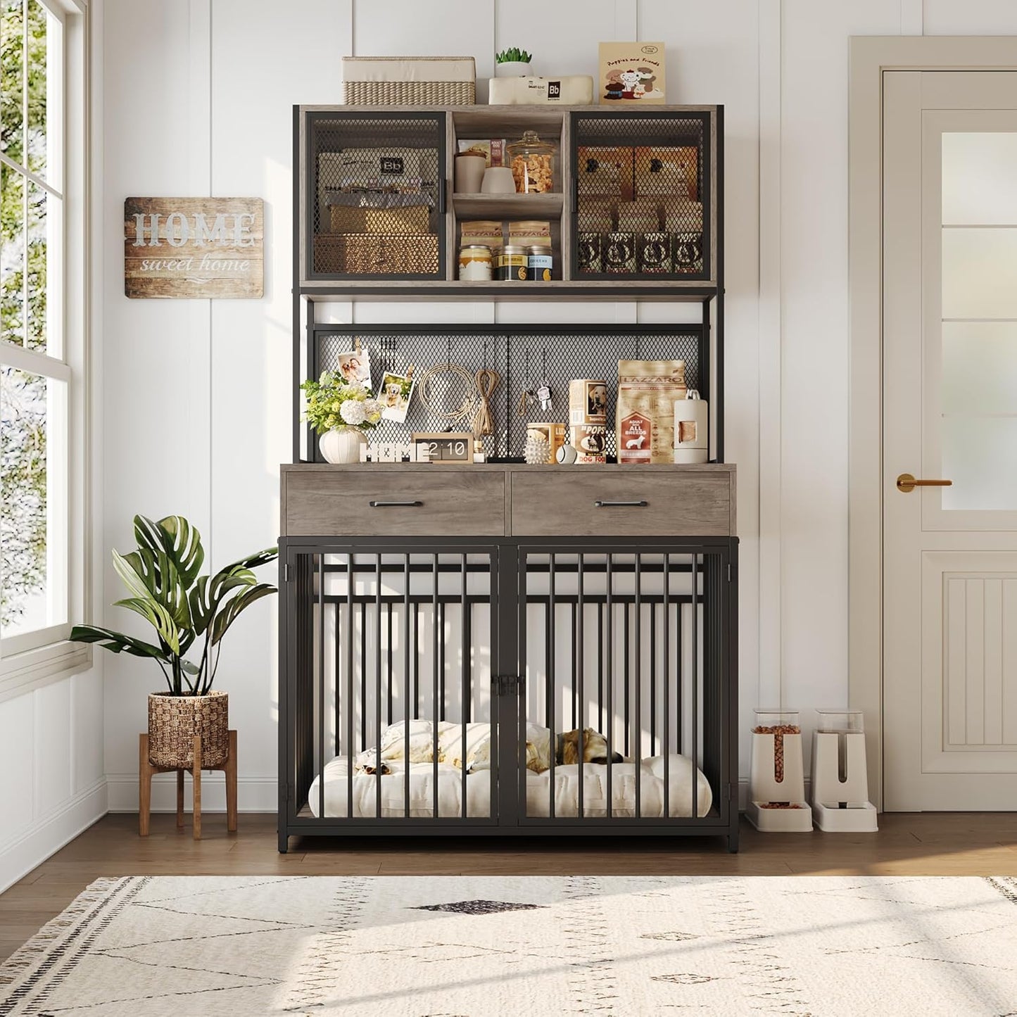 HITHOS 71" Tall Dog Crate Furniture, Indoor Dog Kennel with Hutch, 42" W Dog Cage for Large/Medium Dogs, Wood Dog Crates with 2 Storage Drawers, Heavy Duty Pet House, Ash Grey