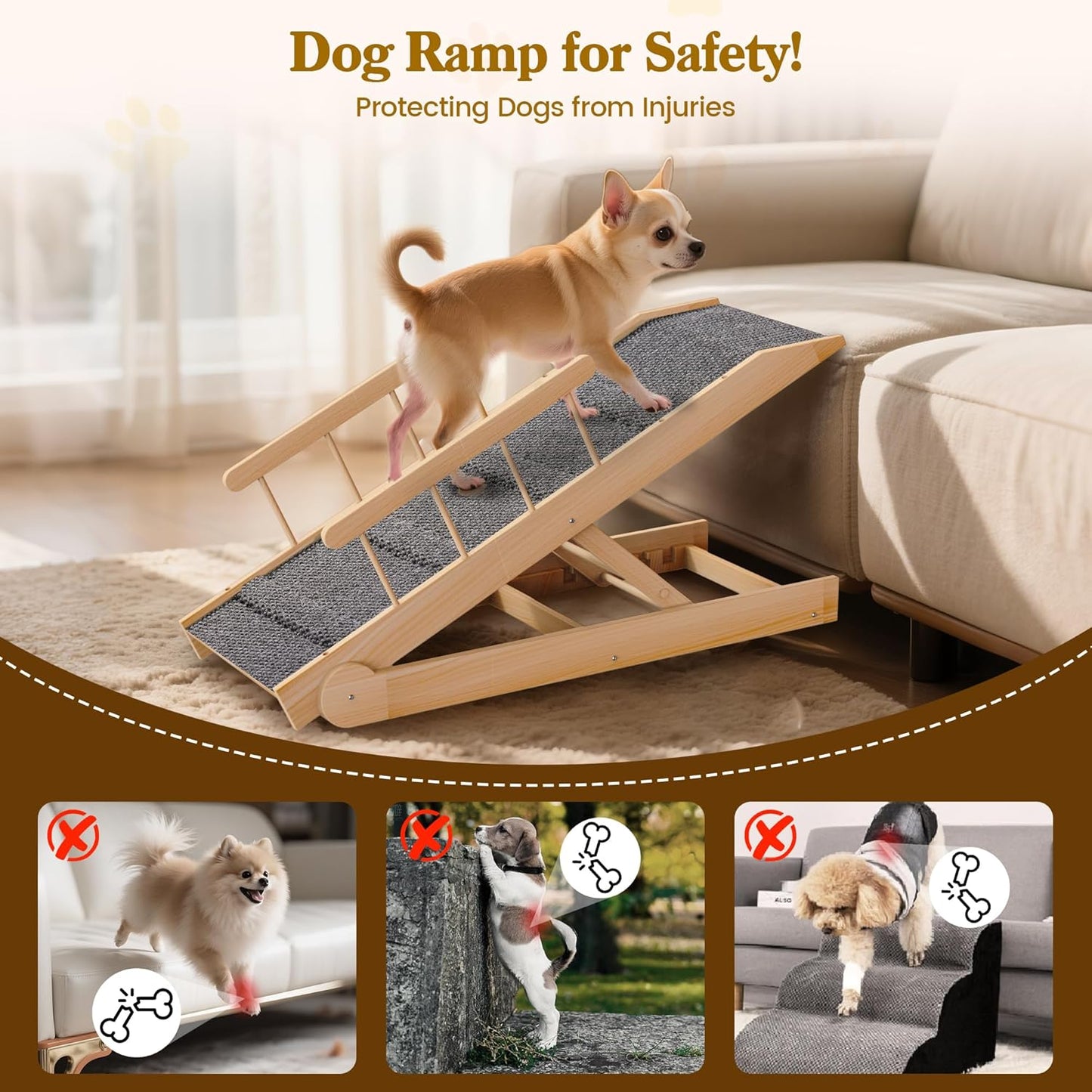 Dog Ramp for Bed, 47" Long Non-Slip Portable Pet Ramp for Small Large Dogs, Wooden Adjustable Dog Ramps for Bed, Couch, Car -Non Slip Carpet Surface and Foot Pads, Height from 12" to 24", Up to 200LBS