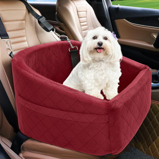 Dog Car Seat for Small Medium Dogs,Detachable Washable Dog Booster Seat Under 30lbs, Pet Car Seats Travel Bed with Storage Pockets and Safety Belt(Red)