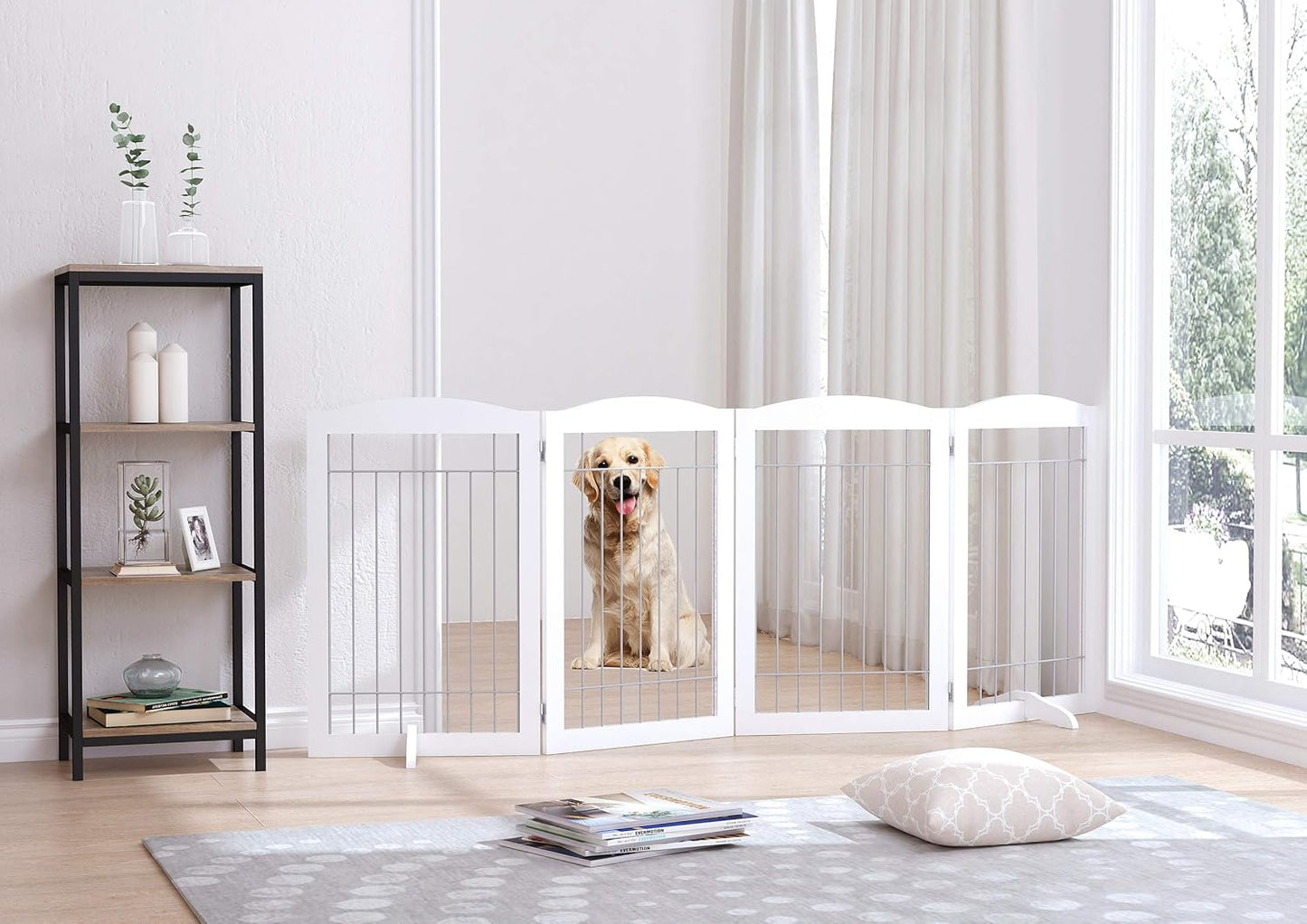 Spirich Free Standing Foldable Wire Pet Gate for Dogs, 80 Inches Extra Wide, 30 Inches Tall 4 Panels Dog Gate for The House, Doorway, Stairs, Pet Puppy Safety Fence, Sliver White