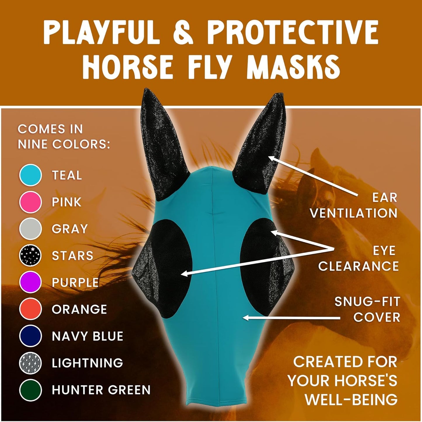 Horse Fly Mask - Durable Equine Fly Mask with Full Coverage for Eye & Ear - Stretchable, UV & Sun Protection Flymask for Horses, Ponies & Mini Horses - Horse Face Cover for Pasture & Trail - Navy