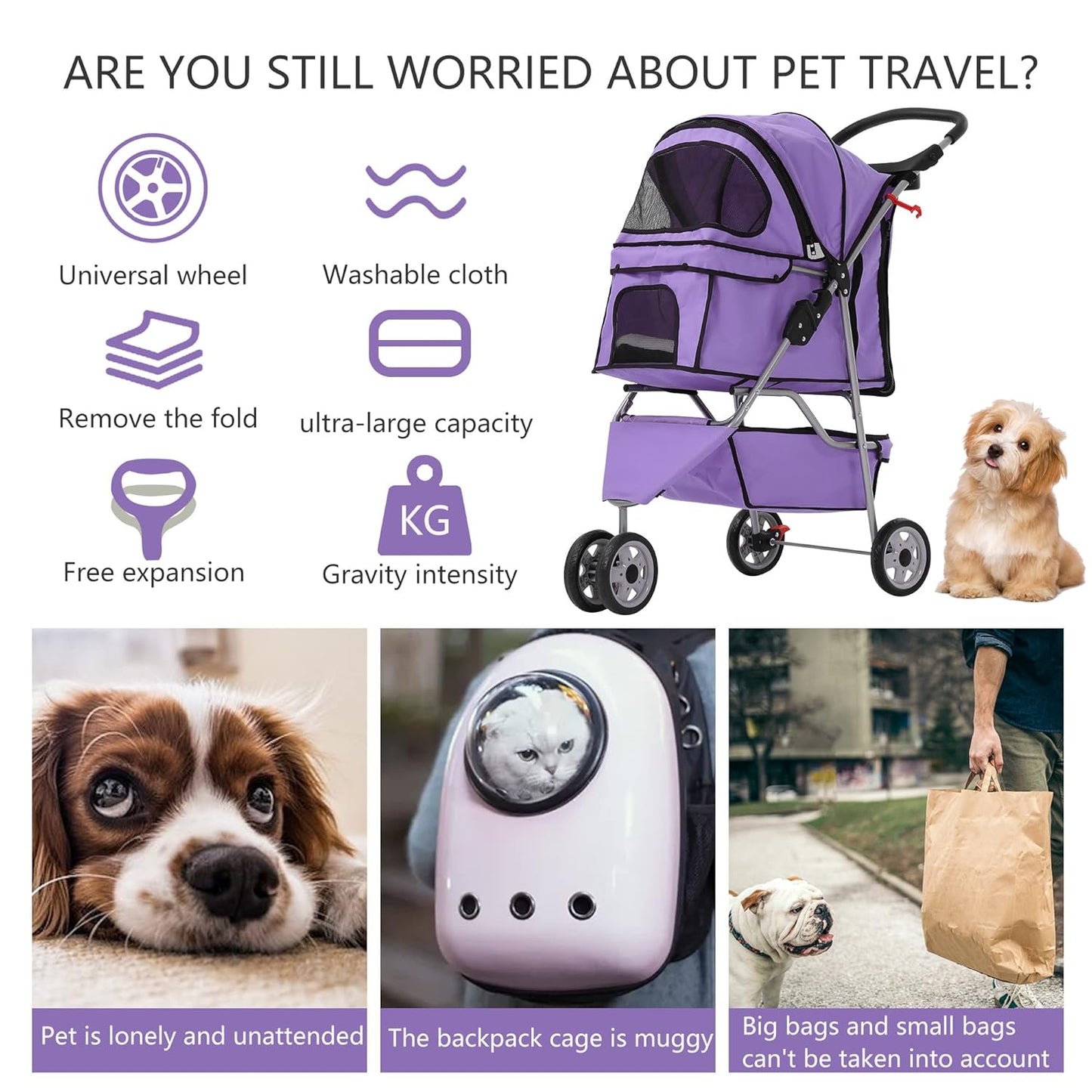 Dog Stroller,3 Wheels Travel Folding Pet Strollers for Small Medium Dog Cat Jogger Stroller with Storage Basket Removable Liner Purple