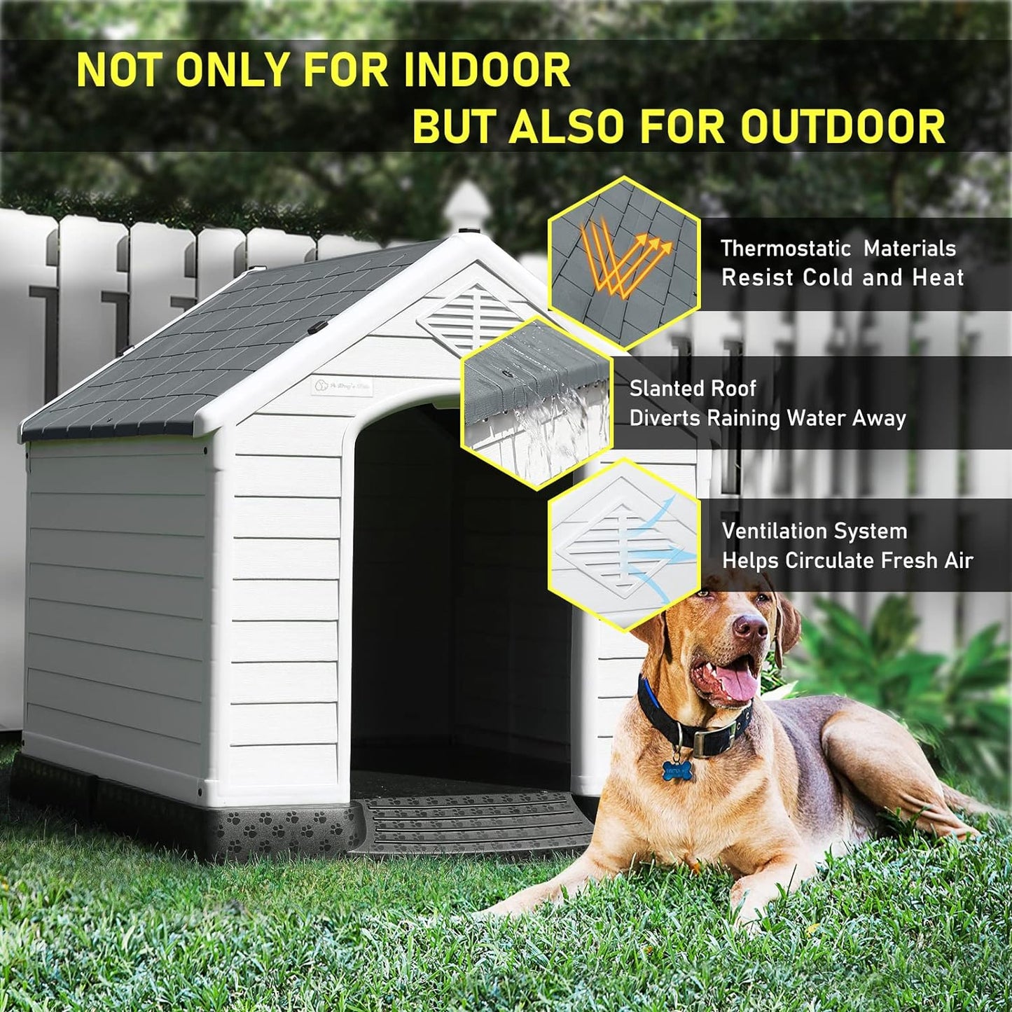 LEMBERI Durable Waterproof Plastic Dog House for Small to Large Sized Dogs, Indoor Outdoor Doghouse Insulated Puppy Shelter with Elevated Floor, Easy to Assemble (Gray, 34''L*31''W*32''H)