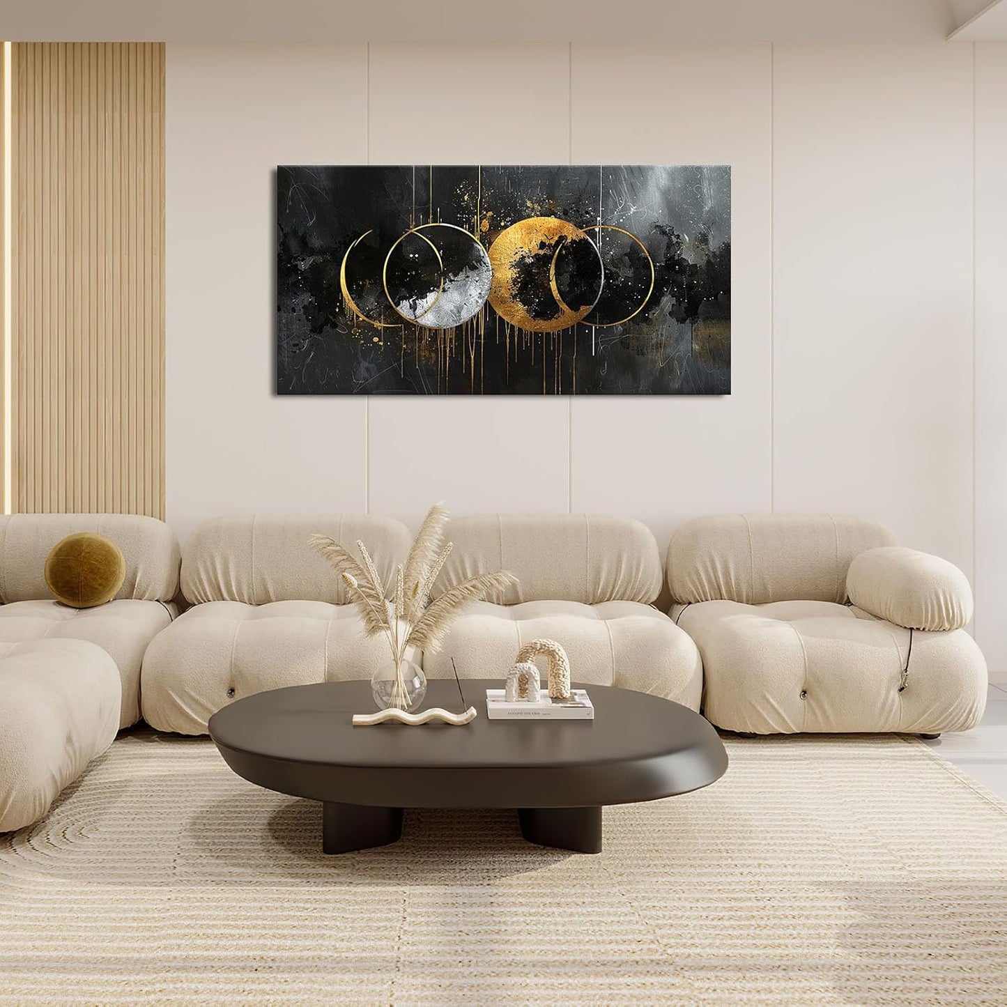Quorin Abstract Sun Moon Large Wall Art Black and Gold Circle Pictures Sun and Moon Wall Decor Canvas Print Painting Artwork for Bathroom Living Room Bedroom 30"x60"