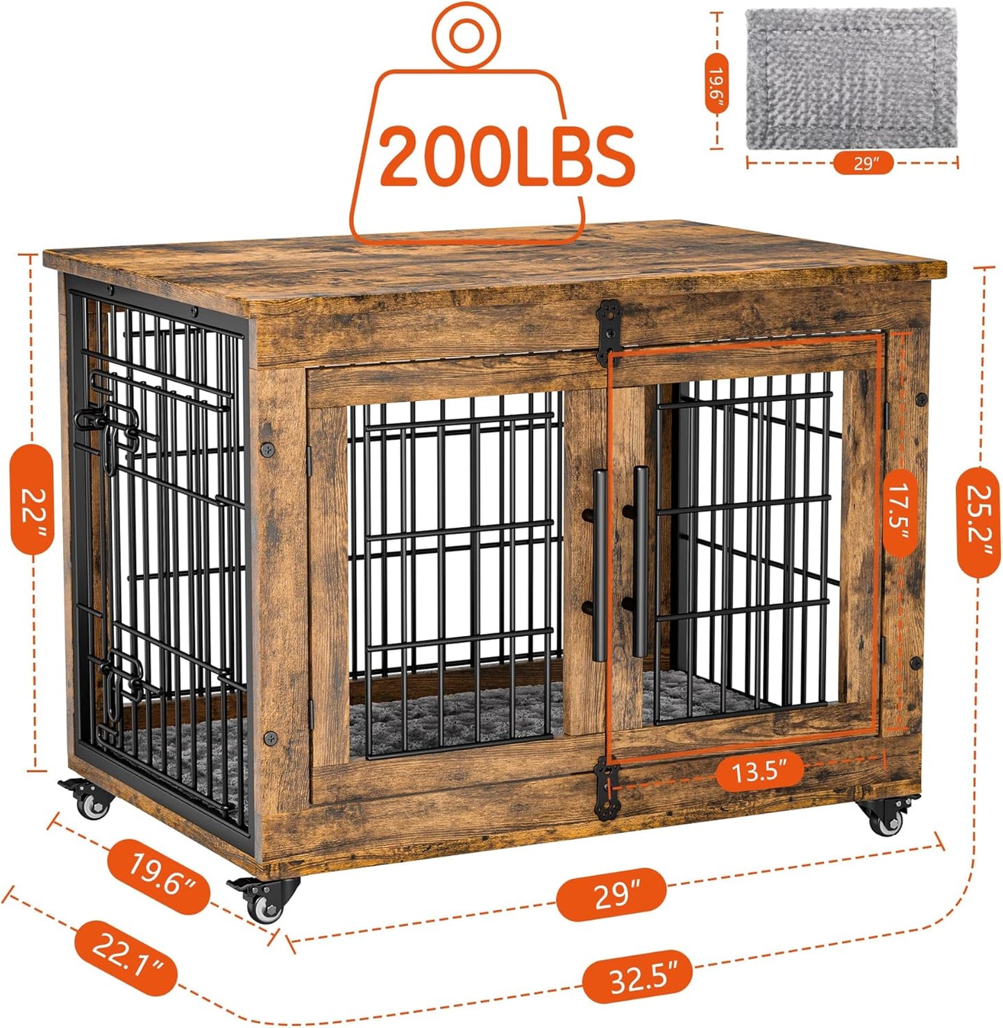 Lulive Dog Crate Furniture Set of 2, Dog Kennel Indoor Double Doors Wooden Dog Cage, 32'' Heavy Duty Dog Crate with Cushion & Wheels, End Table Pet House Chew-Resistant Up to 45 lb, Rustic Brown