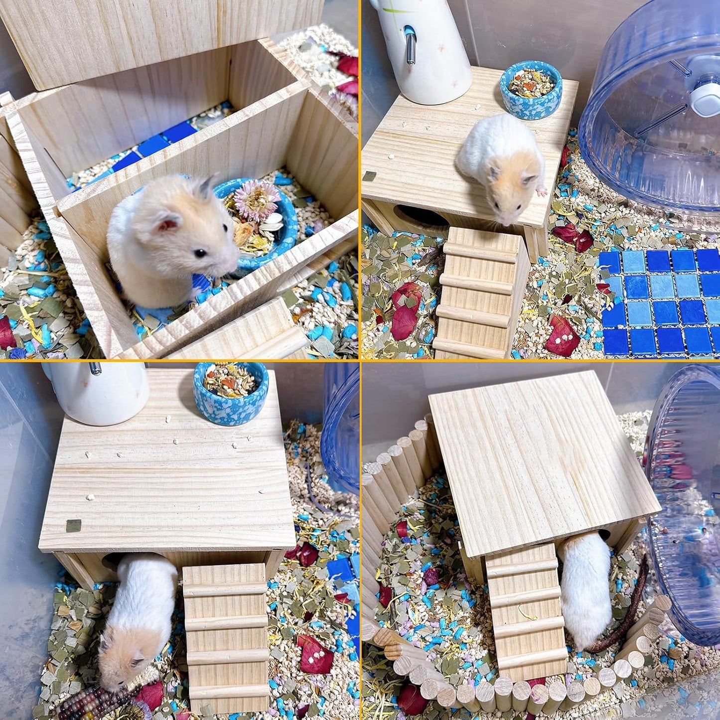 Wooden Hamster Hideout Gerbil House with Climbing Ladder and Window Habitats Decor Detachable Syrian Hamster Cage Accessories for Rat Gerbils and Other Small Pets