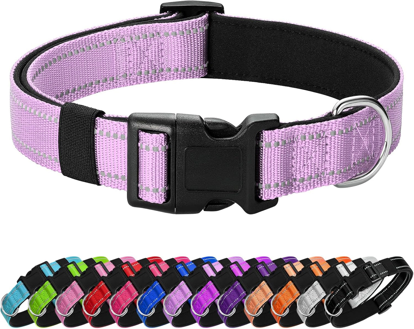 Reflective Dog Collar Padded with Soft Neoprene Breathable Quick Release Basic Dog Collars for Medium Large Dogs Lavender