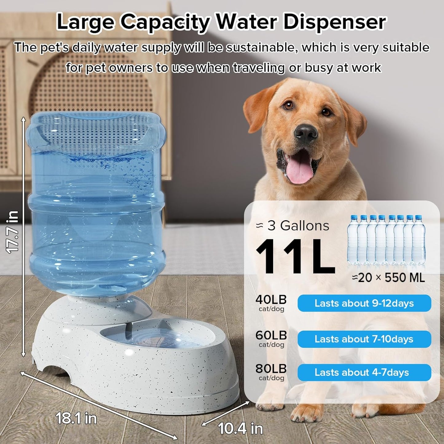 Kenond Water Dispenser Station for Large Dogs,3 Gallon/11L Gravity Automatic Feeder, Dog Water Bowl Dispenser,Large Size Dog Drinking Fountain