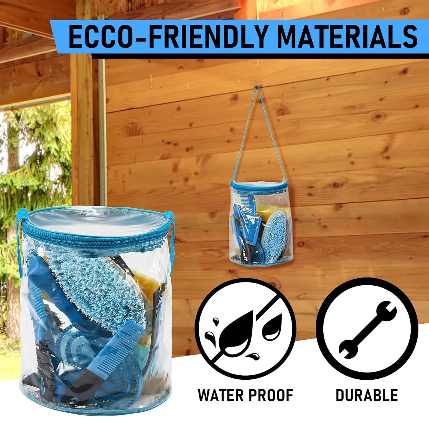 9 Pieces Horse Grooming Kit Tack Room Supplies Set with Organizer Tote Bag, Oval Massage Curry, Hard and Soft Brush, Hoof Pick, Sweat Scraper, Bathing Sponge, Combs for Horse Riders Beginners (Blue)