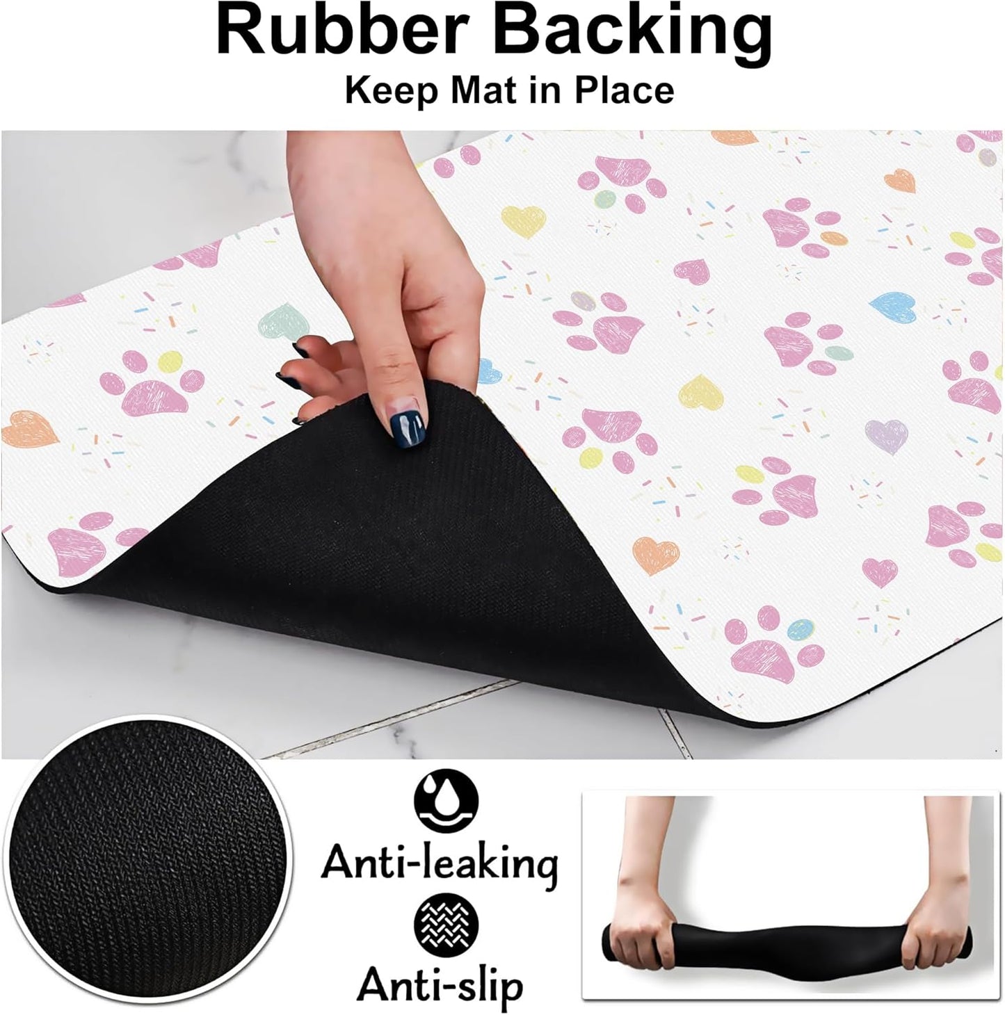 Pink Dog Paw Pet Feeding Mat for Floors-Absorbent Dog Bowl Mat for Food and Water, Quick Dry Pet Cat Feeding Mats with Non Slip Bottom, Mess-Free Dog Accessories 12"x20"