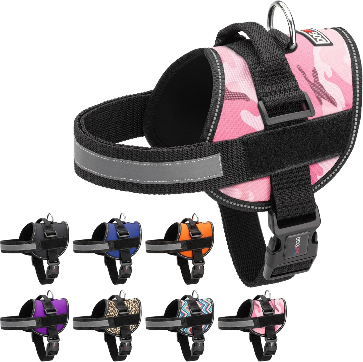 Dogline Dog Harness, Reflective No-Pull Adjustable Vest with Handle for Walking, Training, Breathable, No - Choke Harness for Small, Medium or Large Dogs Room for Patches Girth 15 to 18 in Pink Camo
