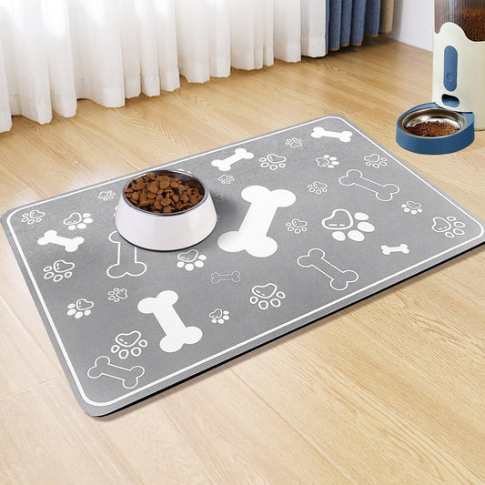 Pet Feeding Mat,Rapid Absorbent Mats for Dog Cat Food, Dog Placemat Water Bowl Mat with Rubber Backing,Messy Drinkers to Protect Floors, Pet Accessories 16"×24" Grey
