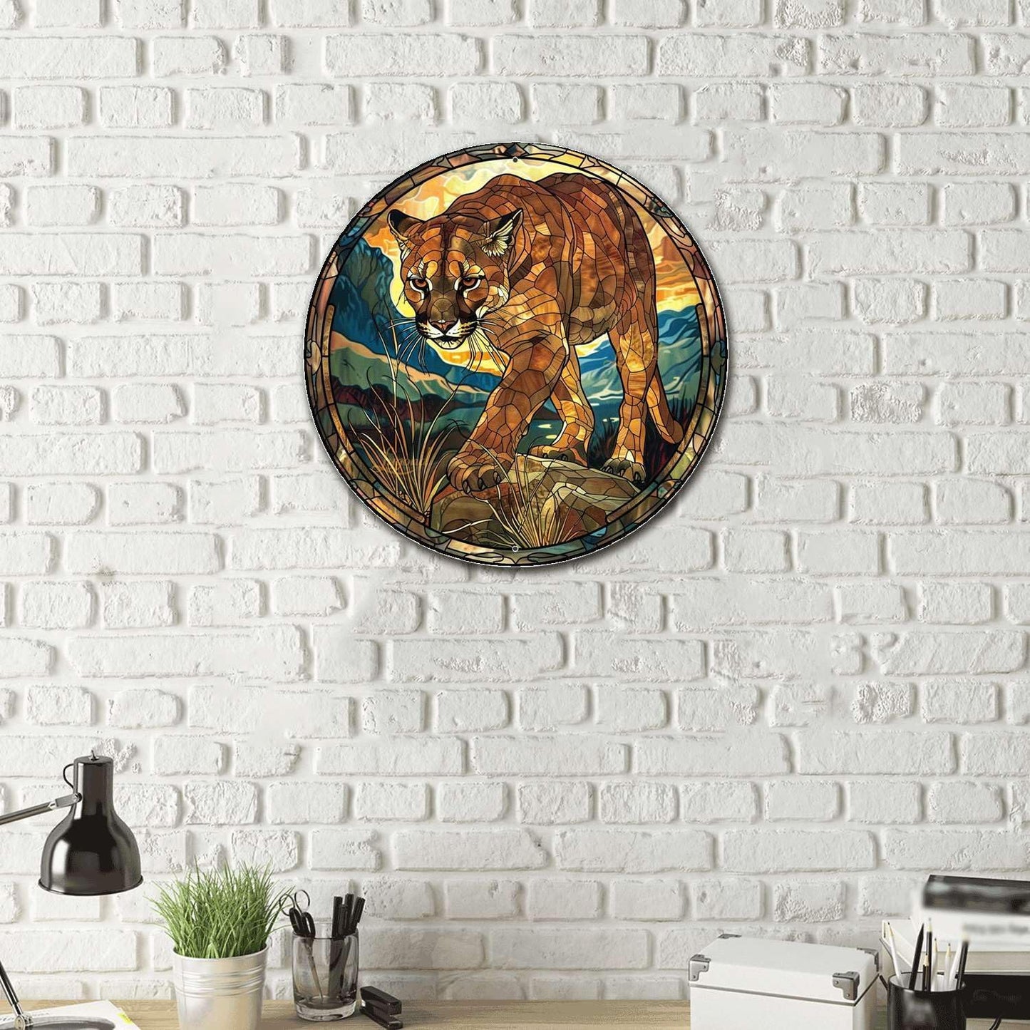 Lygond Metal Sign Tin Sign Circular Stained Glass Mountain Lion Gardening Sign for Garden 8×8 Inches