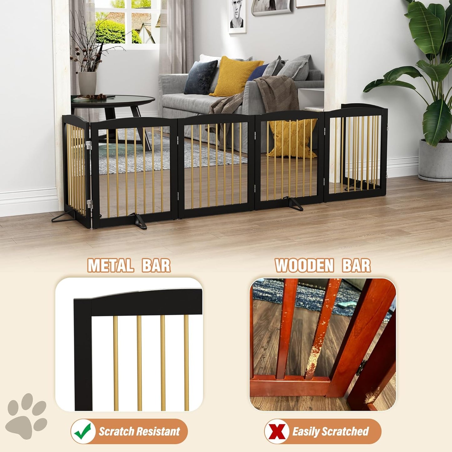 Freestanding Pet Gate for Dogs, Foldable Wooden Dog Gate for House, Extra Wide Indoor Pet Barrier for Stair, Doorway, Hall, Support Feet Included, 120 Inch Wide, 6 Panels 24",Black&Gold
