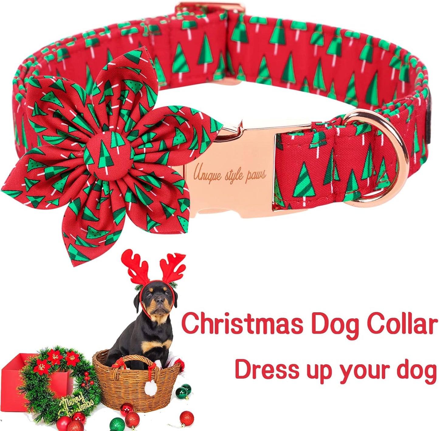 Unique style paws Christmas Dog Collar with Flower Best Winter for Small Medium Large Dogs -Christmas Tree-XS