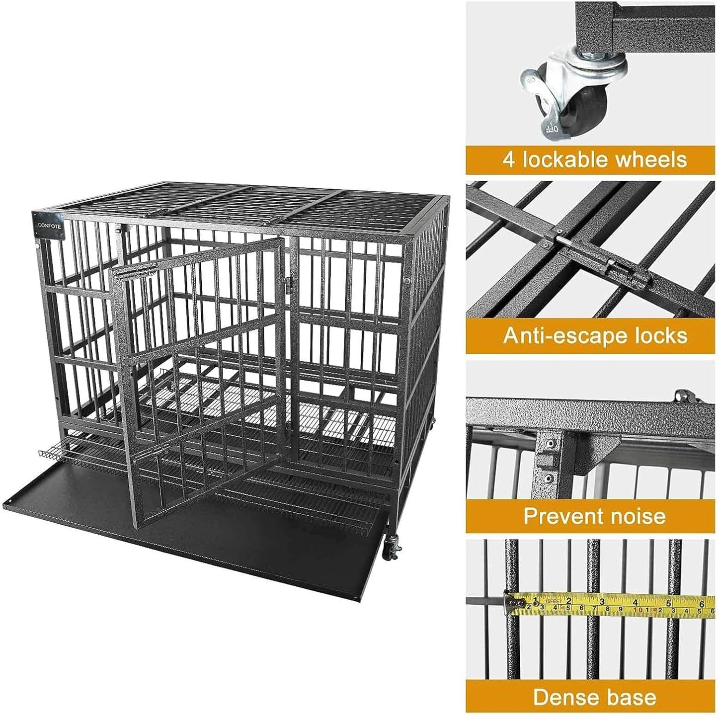 Confote 48" Heavy Dog Duty Cage Metal Indestructible Dog Kennels Crate for Large Dogs with Double Doors & Lockable Wheels