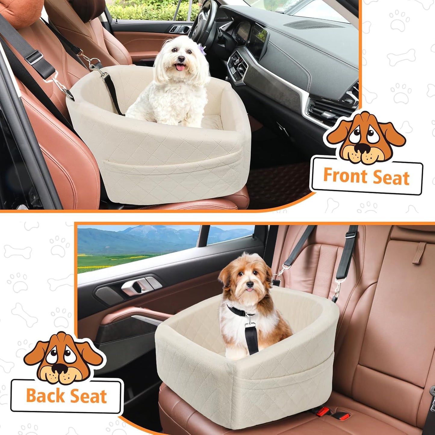 Dog Car Seat for Small Medium Dogs,Detachable Washable Dog Booster Seat Under 30lbs, Pet Car Seat Travel Bed with Storage Pockets and Dog Safety Belt (White)