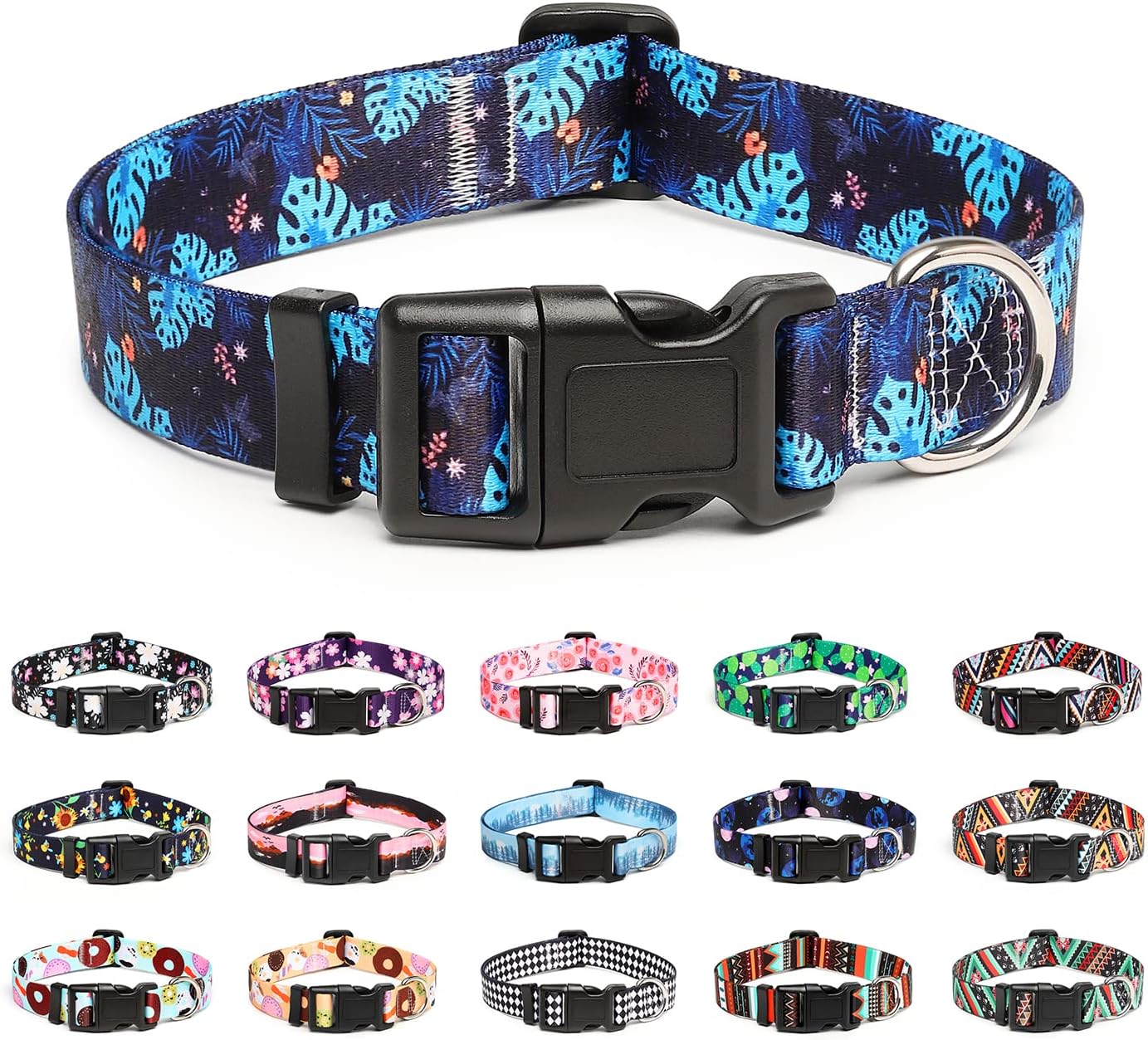 Mercano Adjustable Dog Collar - Special Design Patterns, Soft Nylon Comfortable Durable Pet Collar for Small Medium Large Dogs (XS, Monstera)