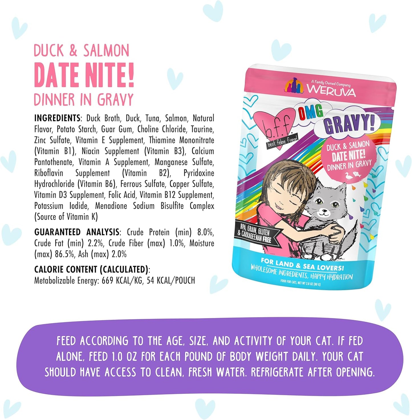Weruva B.F.F. OMG - Best Feline Friend Oh My Gravy!, Date Nite! with Duck & Salmon in Gravy Cat Food, 2.8oz Pouch (Pack of 12)
