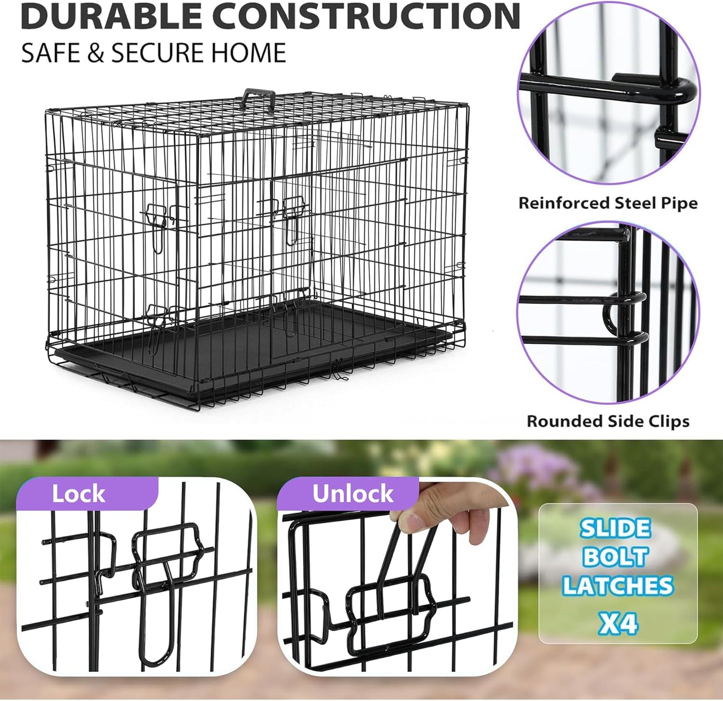 BestPet | Dog Crate | 48" | Black | Foldable Metal Kennel with Double Doors, Secure Slide-Bolt Latches, Leakproof Tray | Portable Dog Cage for Large Breeds | for Travel, Indoor & Outdoor Use