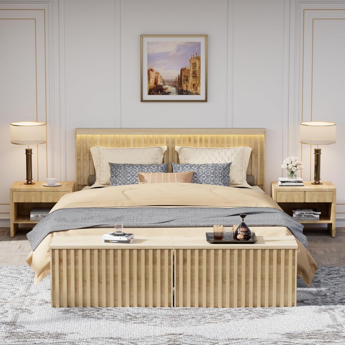 UEV Storage Bench Set of 2, 39.4" Wood Storage Trunk with 2 Safety Hinges, Sturdy Storage Chest, Fluted Storage Bench for Bedroom, Shoe Bench for Entryway, Living Room (Ivroy White)