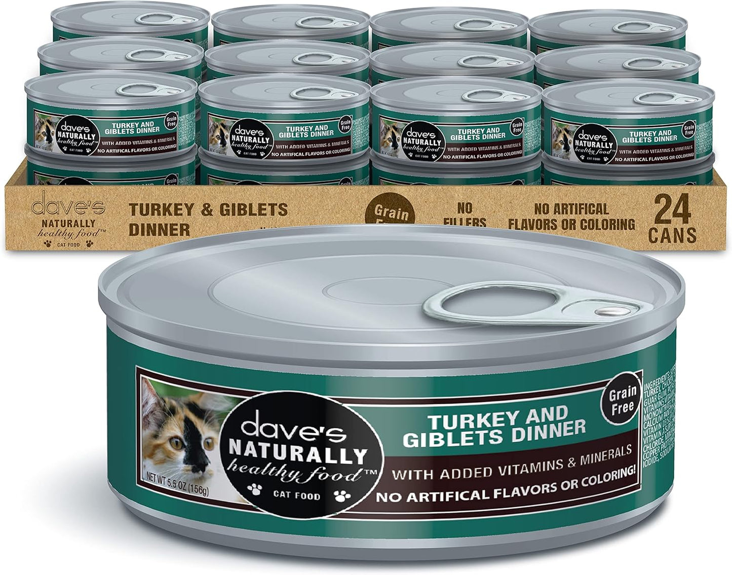 Dave's Pet Food Grain Free Wet Cat Food Gravy (Turkey & Giblets Dinner in Gravy), Made in USA Naturally Healthy Canned, Added Vitamins & Minerals, 5.5 oz Cans (24 Pack)