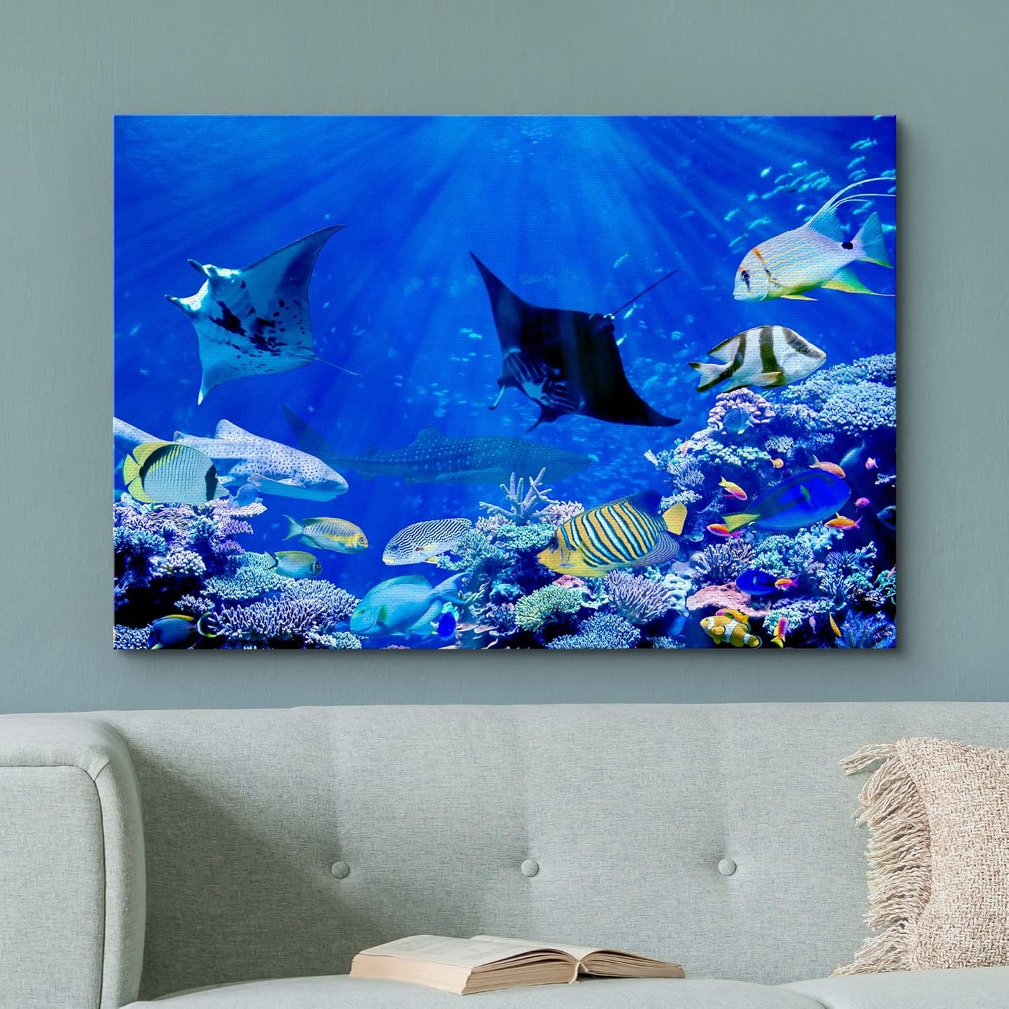 wall26 Canvas Print Wall Art Vibrant Sunlight Ray Ocean Shark Fish Reef Nature Animals Photography Realism Rustic Scenic Landscape Wilderness Earth for Living Room, Bedroom, Office - 12"x18"