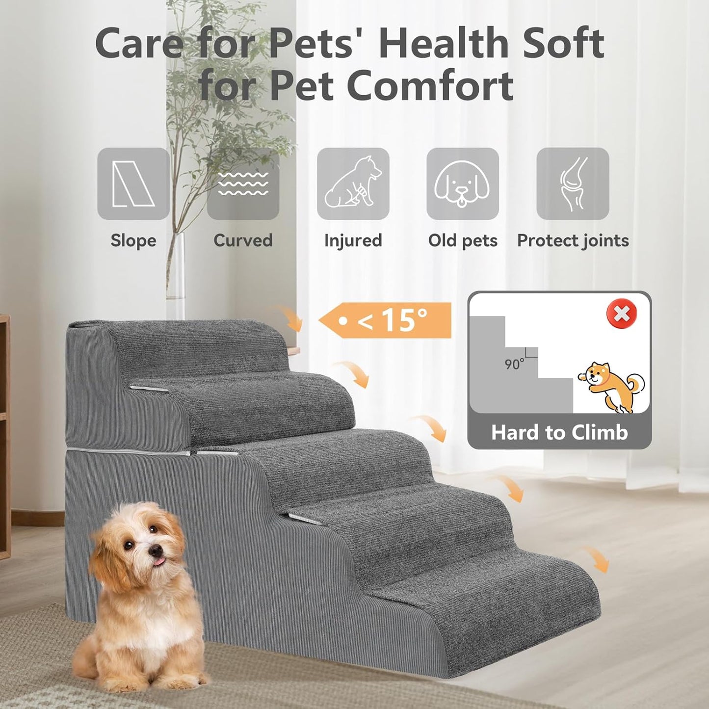 𝟱 𝗦𝘁𝗲𝗽𝘀 Dog Stairs for High Beds, 21.3" Tall Pet Steps for Small to Large Dogs & Cats, Waterproof with Removable Cover & PE Support Board for Bed, Couch, or Car