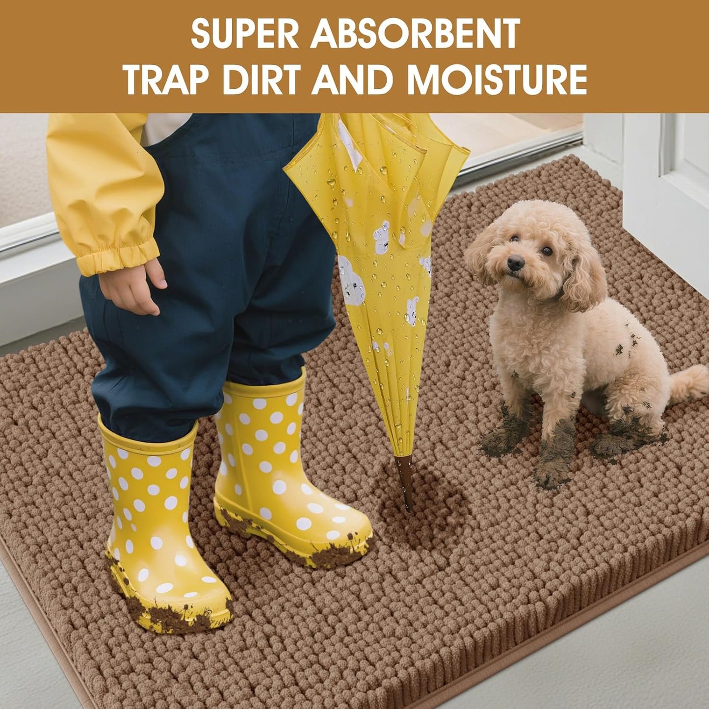 Dog Door Mats for Muddy Paws, Chenille Absorbent Dog Mats, Non Slip Heavy Mud Mat for Dogs, Soft Pet Mat for Entryway, Mud Paws, Inside Floor,48" x 38", Camel