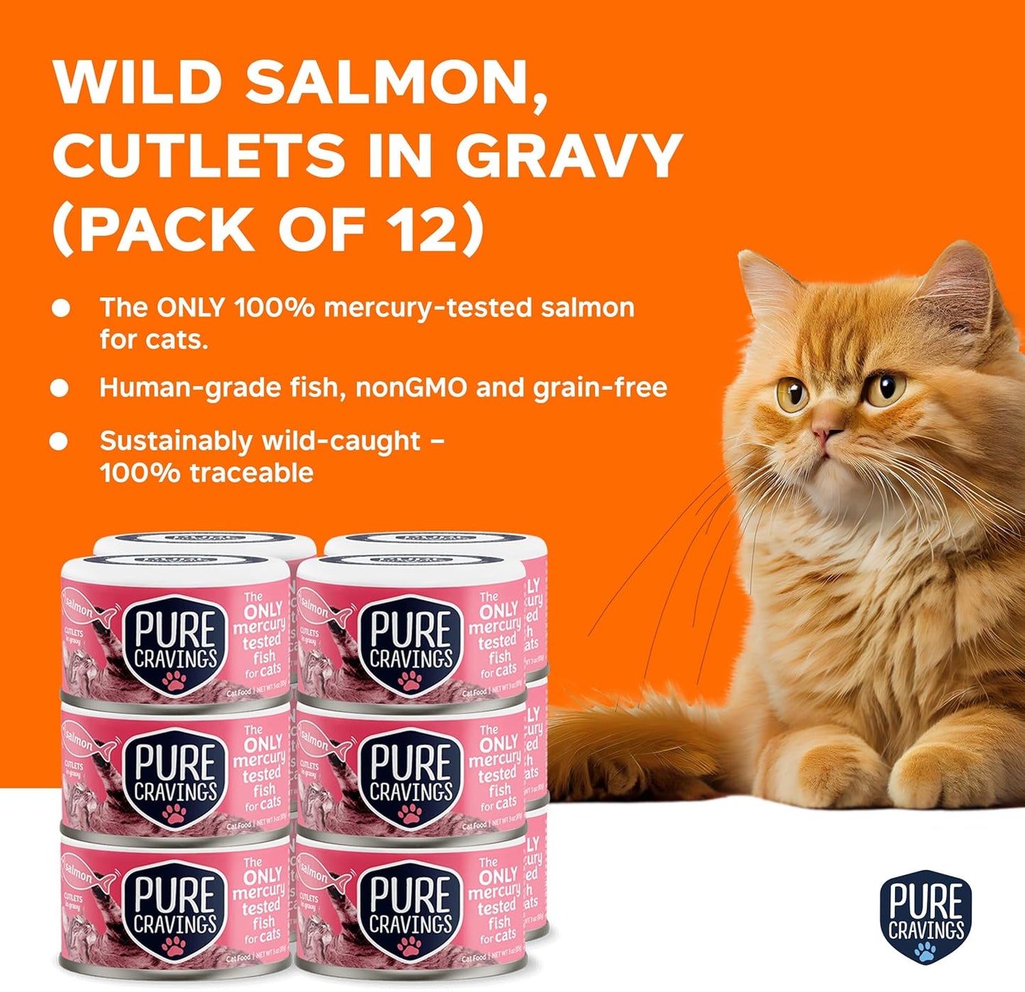 Wet Cat Food Canned Salmon Cutlets in Gravy, 100% Mercury-Tested, Moist Can Fish for Cats, Grain-Free, Protein, Non-GMO, Pack of 12