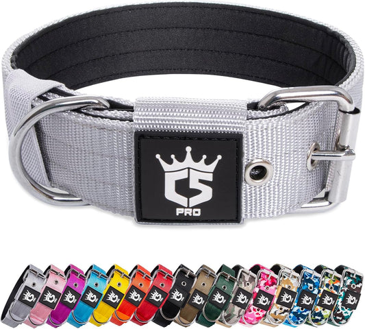 TSPRO Tactical Dog Collar 1.5 Inch Wide Thick Dog Collars with Heavy Duty Metal Buckle, Durable, Strong, Adjustable for Medium to Large Dogs (Silver L)