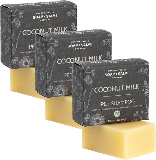 Chagrin Valley Soap & Salve Organic Natural Dog & Pet Shampoo – Unscented & Moisturizing for Dogs with Dry, Sensitive or Itchy Skin – Coconut Milk Conditions the Coat - 3.8 OZ Bar 3PK